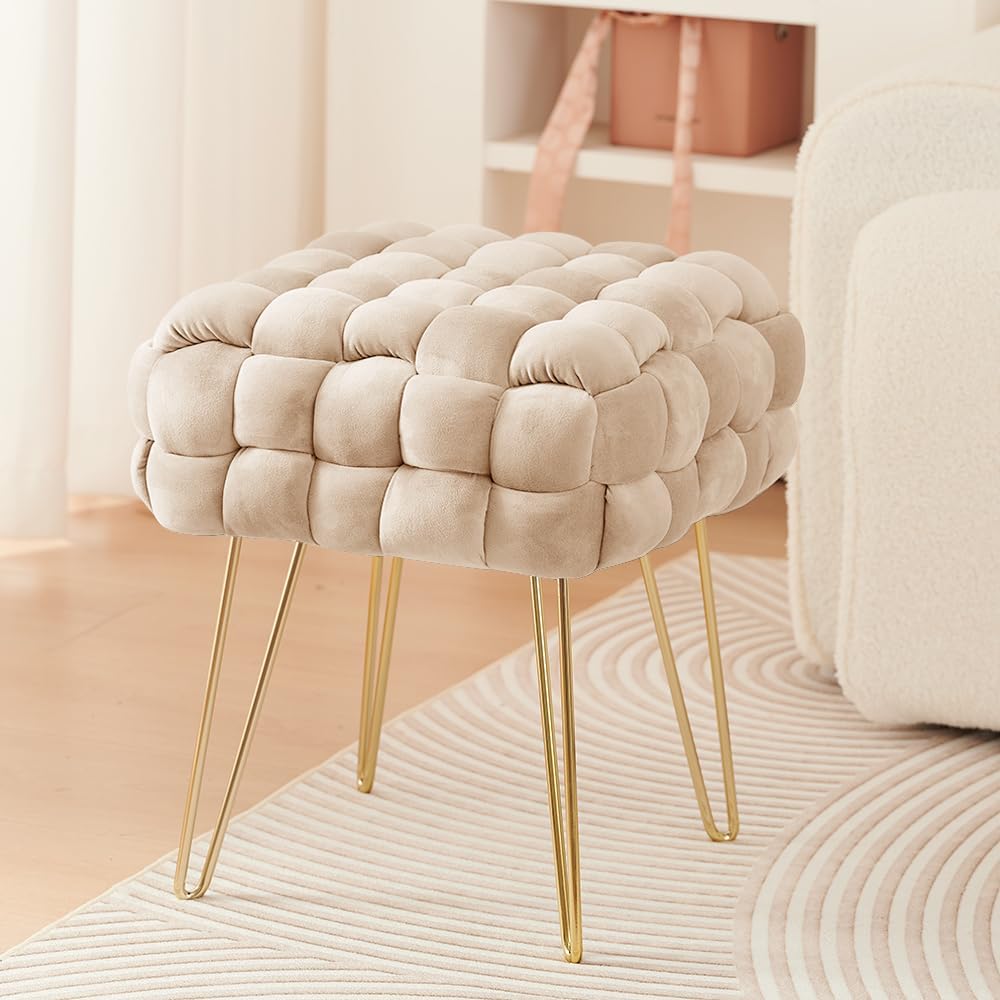 Zedelmaier Moderner Velvet Kosmetik Hocker, Quadratisch Ottoman-Fusshockermit goldfarbenen Metallbei