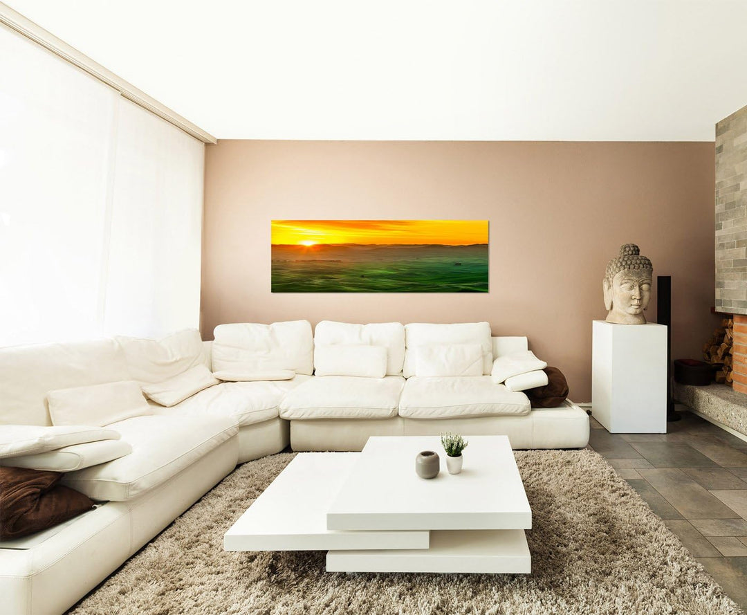 Paul Sinus Art Panoramabild auf Leinwand und Keilrahmen 150x50cm Wiesen Berge Sonnenaufgang
