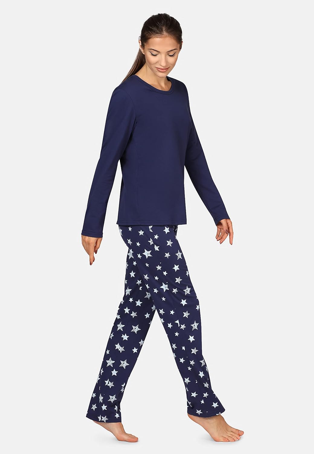 Bellivalini Damen Schlafanzug lang Pyjama Langarm Lange Hose Muster Sterne BLV50-167 S Marineblau Ma