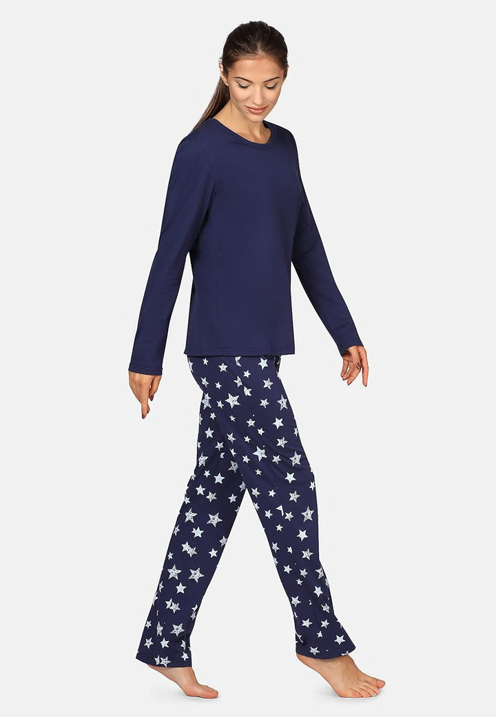 Bellivalini Damen Schlafanzug lang Pyjama Langarm Lange Hose Muster Sterne BLV50-167 S Marineblau Ma