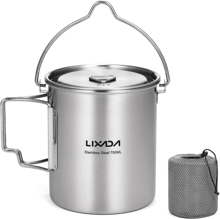 Lixada Camping Topf Edelstahl Titan Tasse Becher 750ml mit Faltbaren Griffe und Deckel Outdoor Tasse