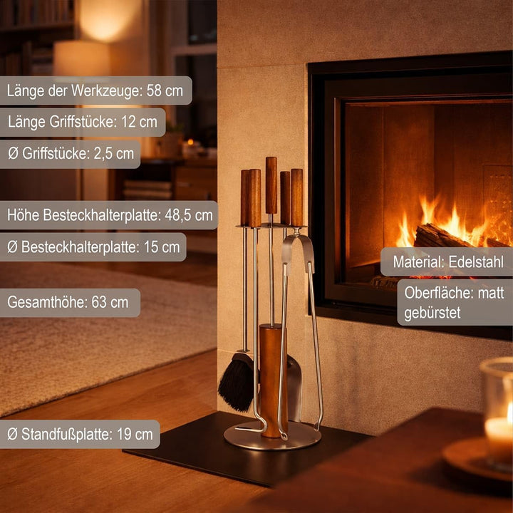 MS Beschläge Kaminbesteck Edelstahl mit Holzgriffen 5-teilig - Kamingarnitur modern - Kaminzubehör S