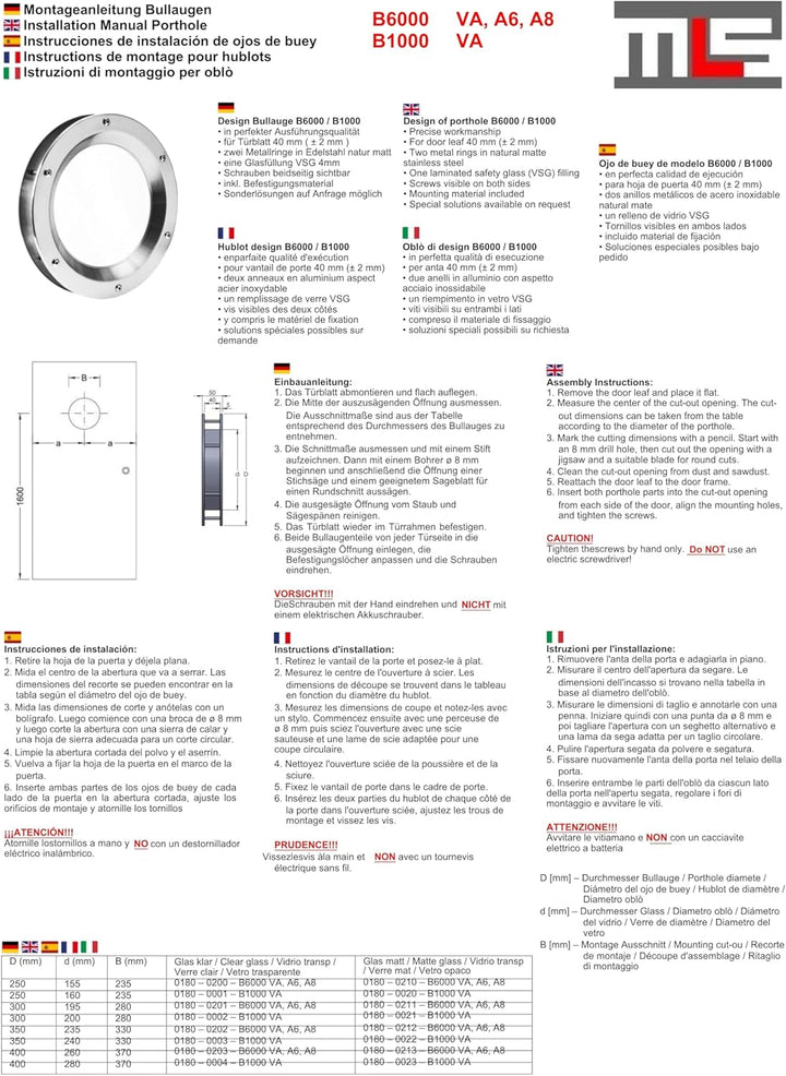 MLS Bullauge B6000, Bullauge für Türen, aus Robustem Aluminium, VSG-Sicherheitsglas, Passend für 40