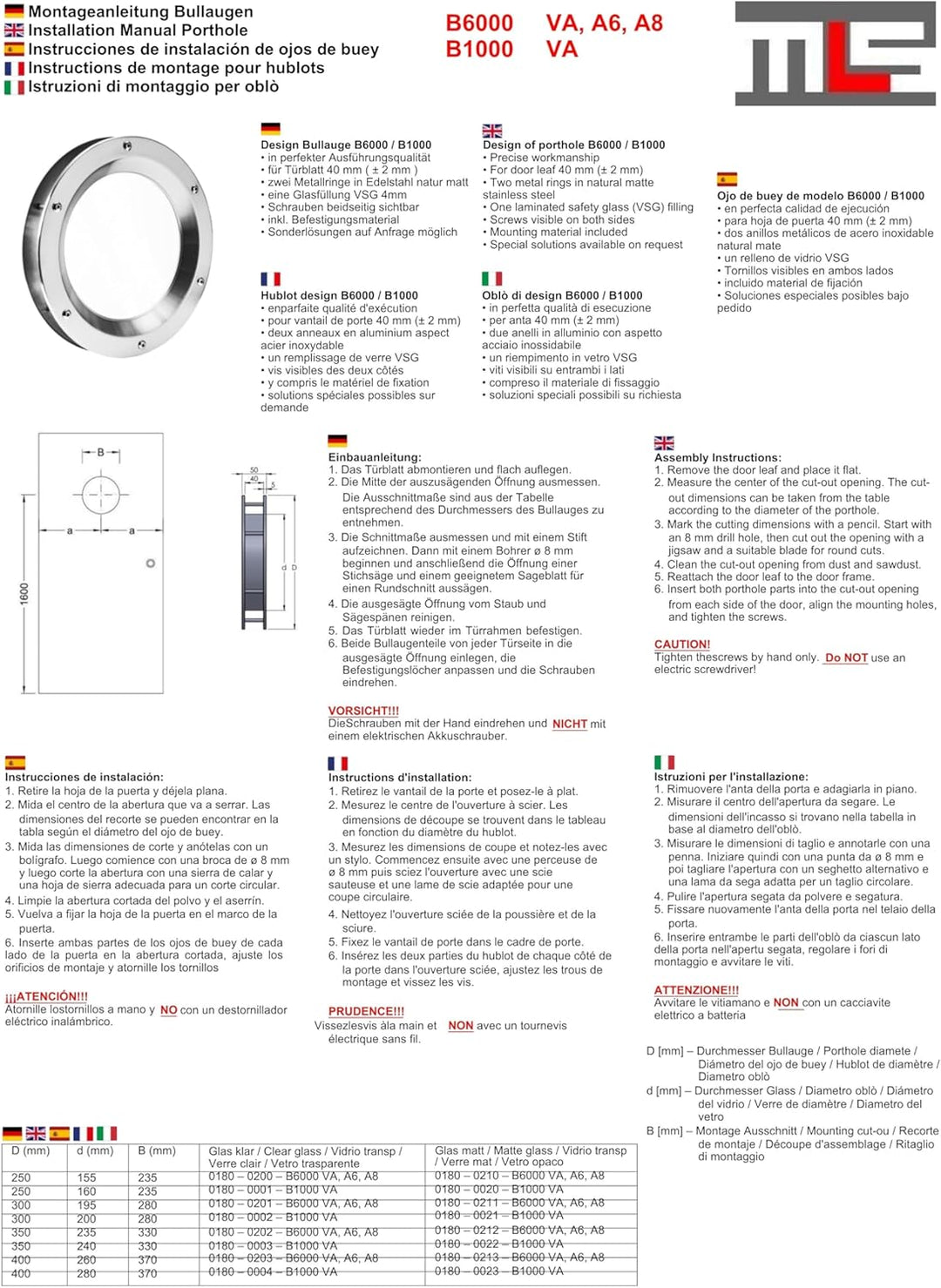 MLS Bullauge B6000, Bullauge für Türen, aus Robustem Aluminium, VSG-Sicherheitsglas, Passend für 40