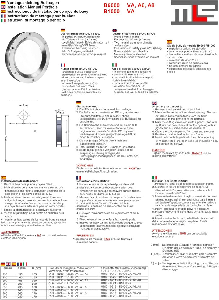 MLS Bullauge B6000, Bullauge für Türen, aus Robustem Aluminium, VSG-Sicherheitsglas, Passend für 40