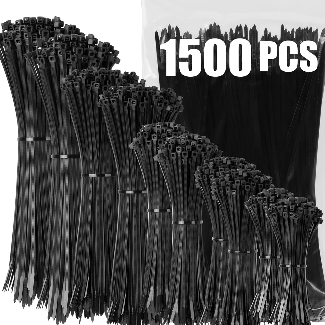 XINGO 1500 Stück Kabelbinder Schwarz Set, 100/150/200/300 mm(je 300 Stück), UV Beständig Nylon Versc