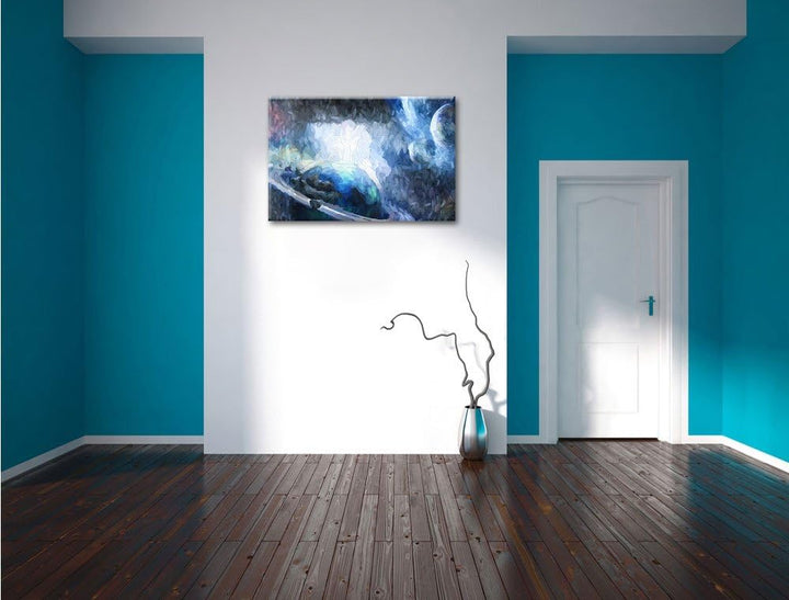 Pixxprint Planeten und Meteoriten im Weltraum Kunst Pinsel Effekt, Format: 100x70 auf Leinwand, 100x