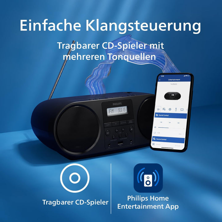 Philips TAZ5000 Multifunktions-CD-Spieler mit FM-Radio, Bluetooth 5.4, USB, Batterie/Netzstrom, Dyna