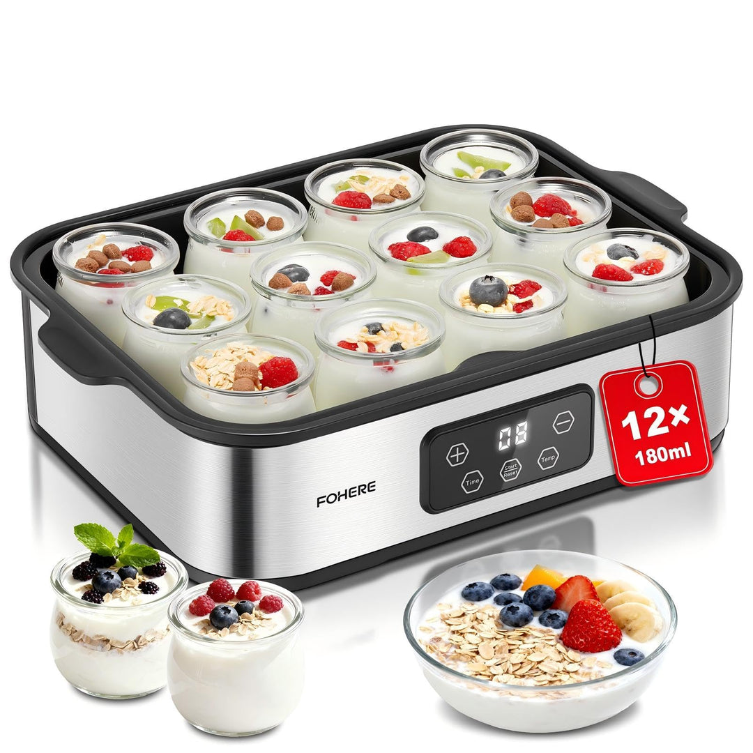 FOHERE Joghurtbereiter 25W inkl. 12 Glasbehälter à 180 ml für bis 2,16L Selbstgemachten Joghurt, Gri