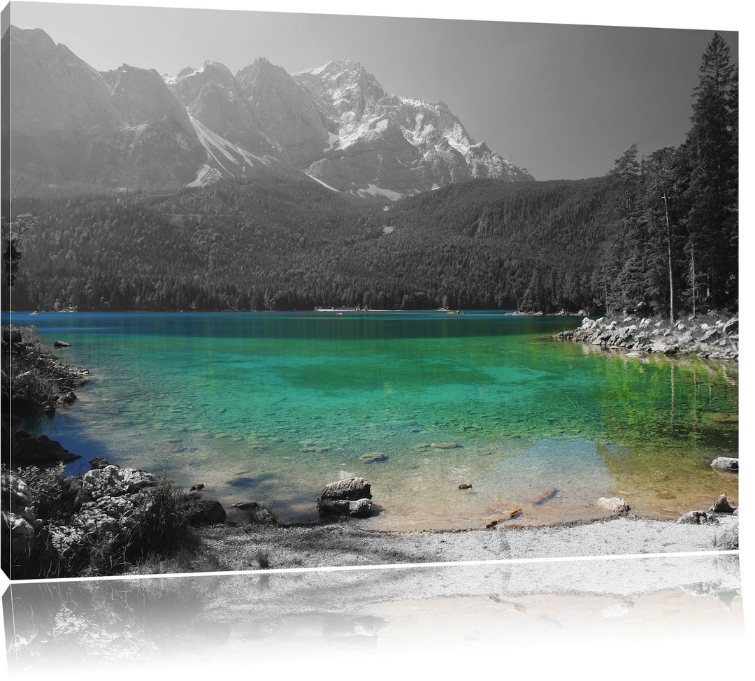 Eibsee vor der Zugspitze schwarz/weiss Format: 100x70 auf Leinwand, XXL riesige Bilder fertig gerahm