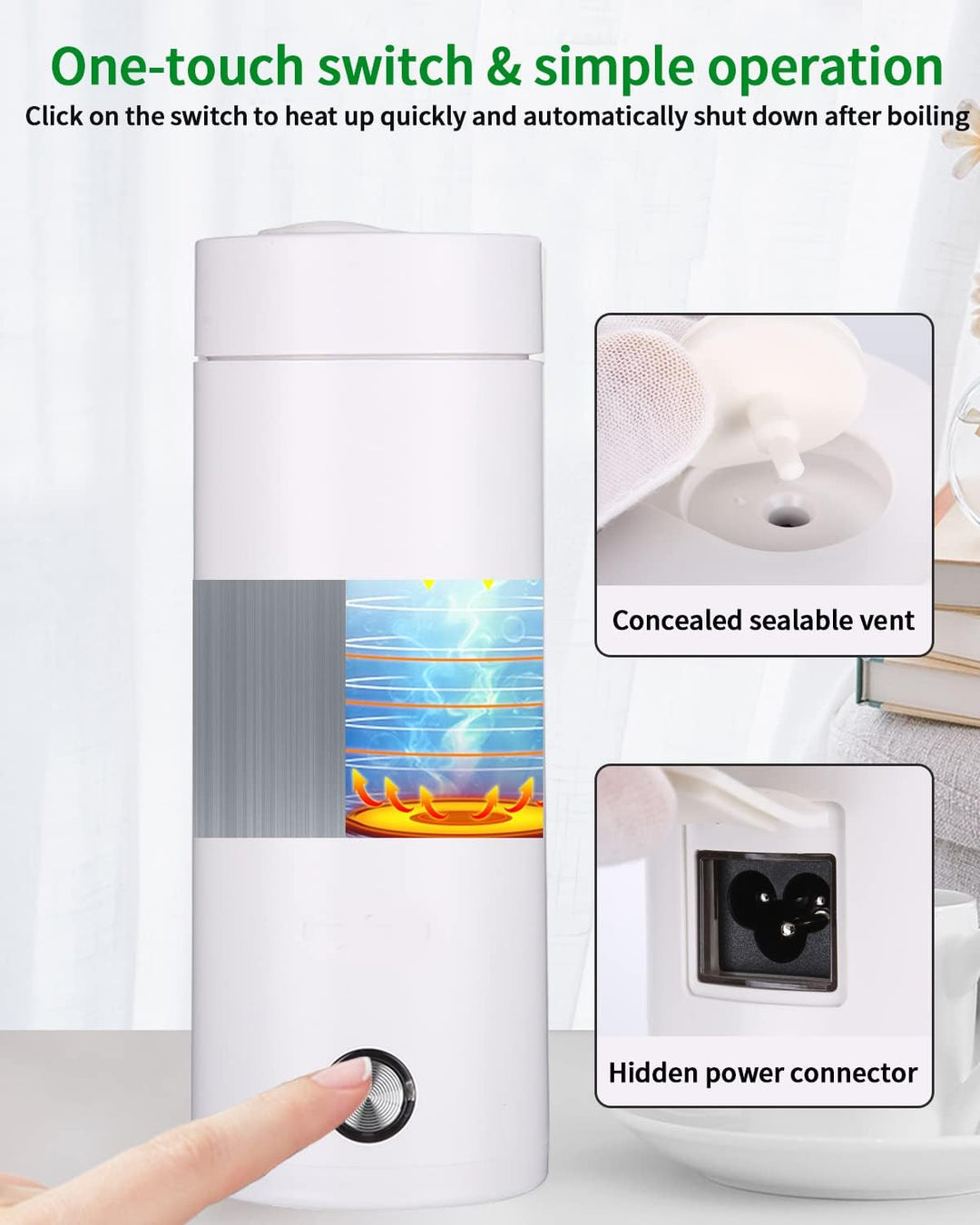 Elektrischer Mini-Wasserkocher für unterwegs, 450 ml, tragbarer Edelstahl-Wasserkocher mit zwei Unte