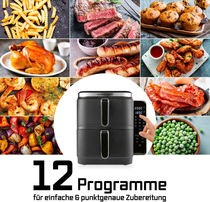 GOURMETmaxx FryUp Vertikale Doppelkammer Heissluftfritteuse | Airfryer 10 Liter | 4 Speisen auf 4 Eb