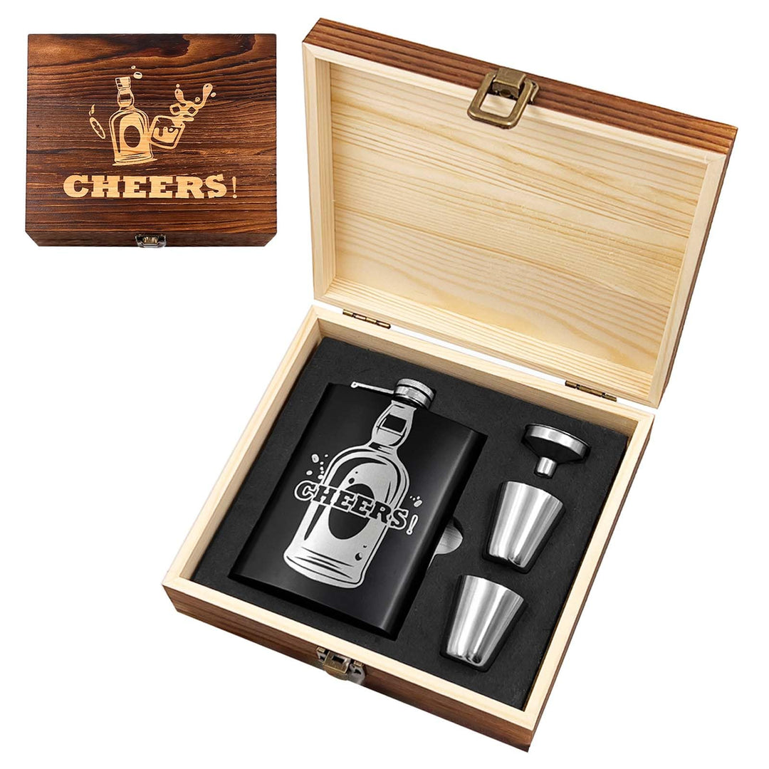 Daily Treasures Whisky-Geschenkset in Holzbox mit 236ml Edelstahlflasche, 2 Gläsern + Trichter | CHE