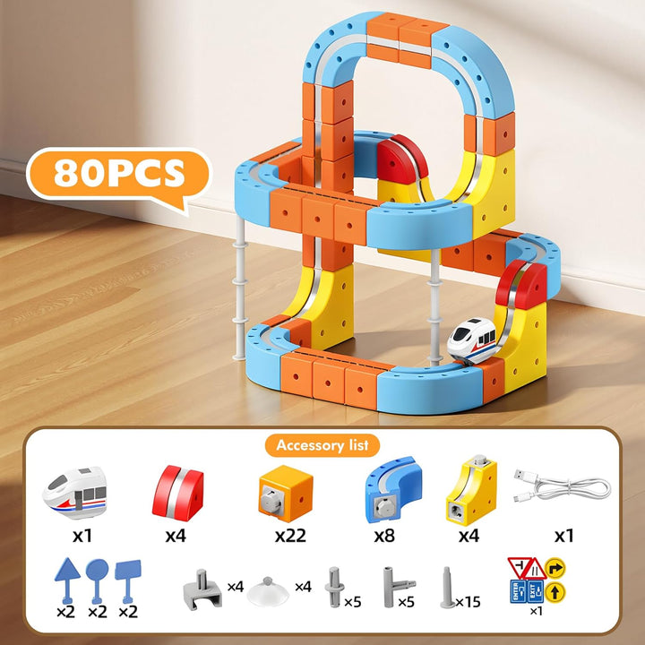 80 Pcs Cube Track Magnetische Block mit, Spielzeug ab 3 4 5 6 7 8 Jahre Junge Clickrail Electric Tra