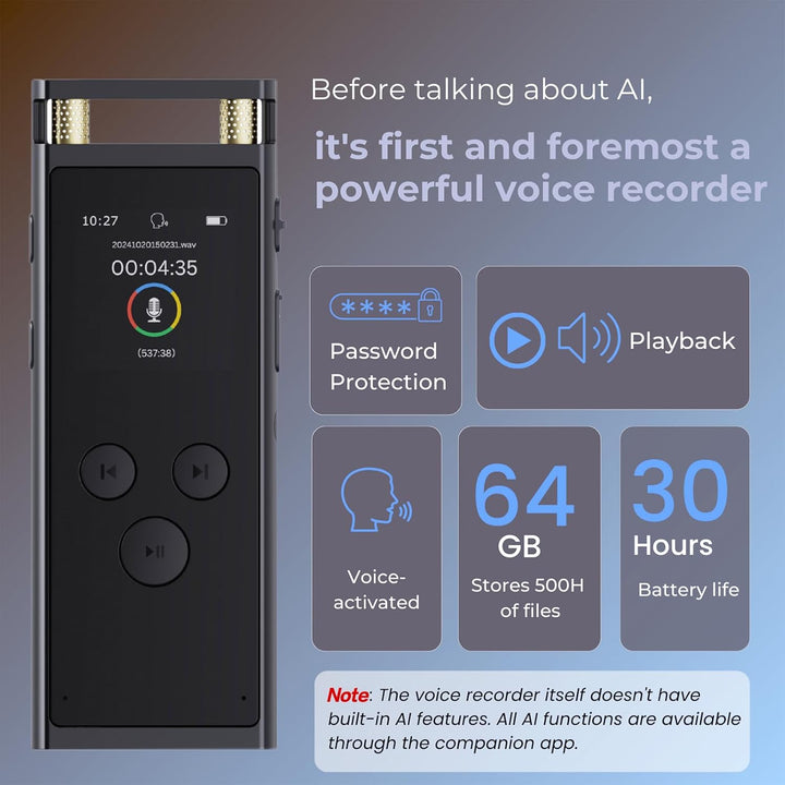 64GB KI Digitales Diktiergerät mit Playback - Aufnahmegerät mit ChatGPT 4o zum Transkribieren und Zu