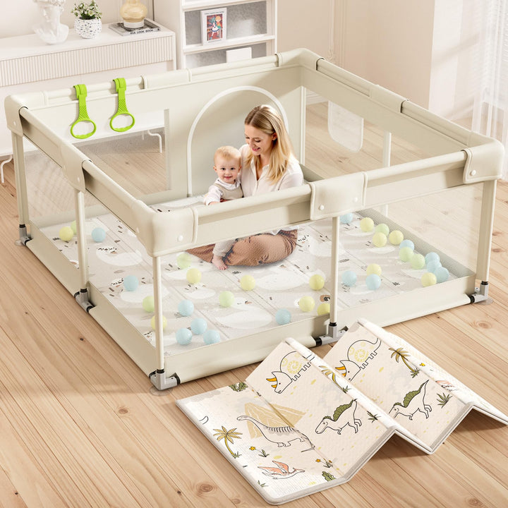 Laufstall Baby mit Matratze, Beige 120x120 Kleines Laufgitter Baby mit Matte, Laufstall für Apartmen