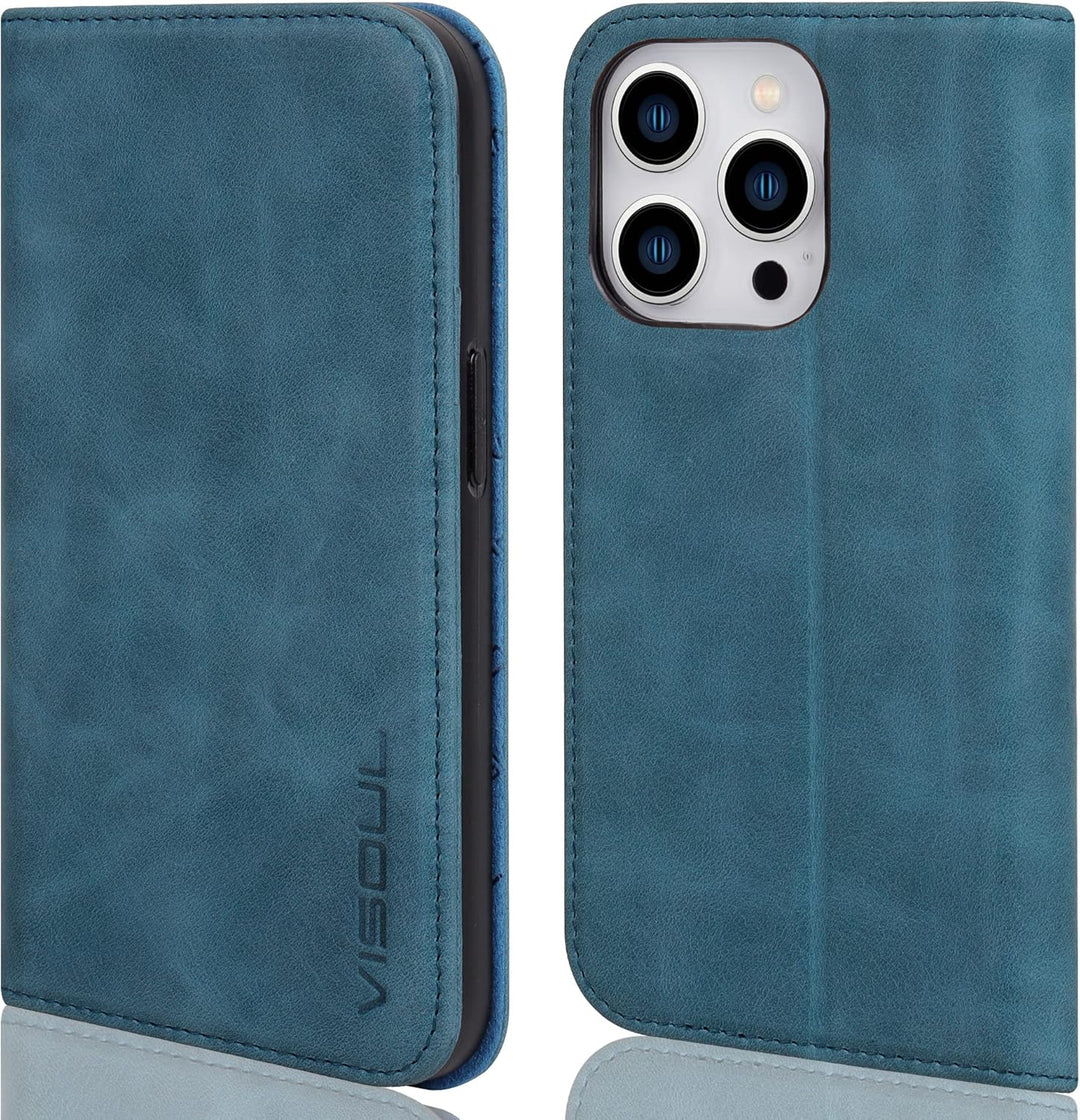 VISOUL Hülle für iPhone 14 Pro Max Handyhülle [ Echtleder] [Schützt] [Kartenfach] [Magnet] [Standfun