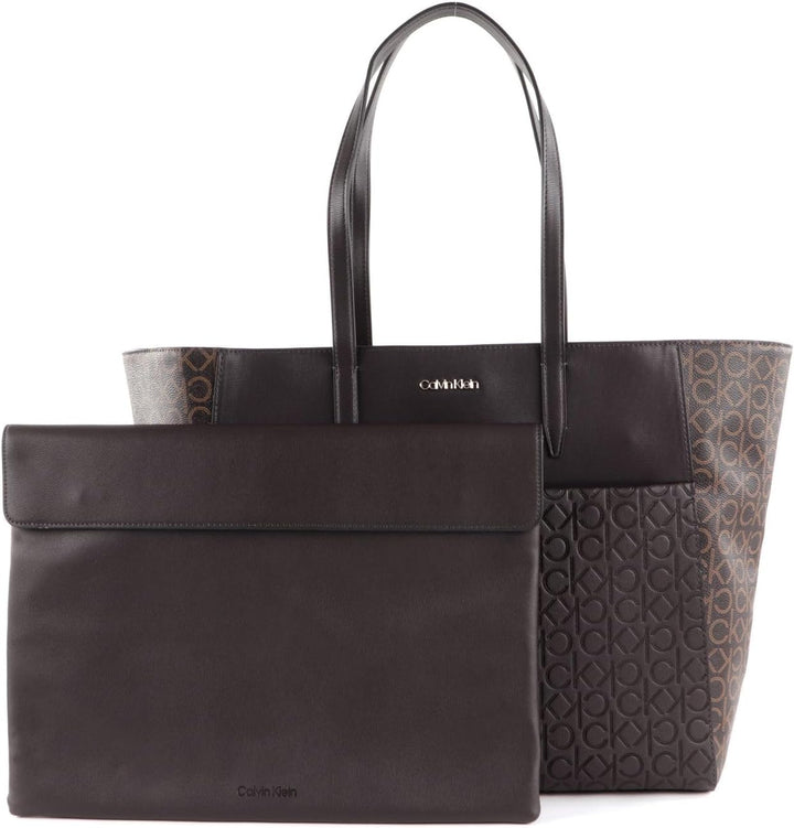 Calvin Klein Monogram Mix Shopper with Laptop Pouch Brown Mono