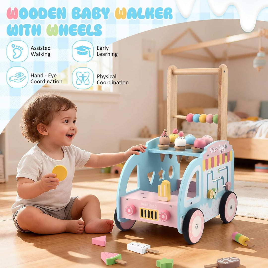 Lauflernwagen Holz, Lauflernwagen im Eiswagen-Thema mit Rädern, Lauflernhilfe Montessori Spielzeug M