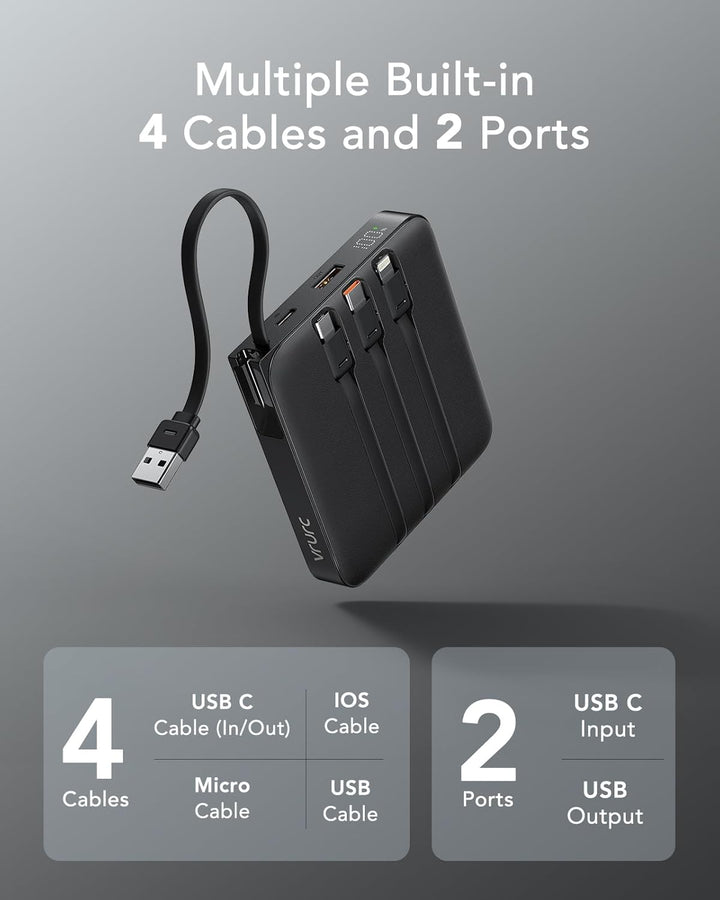 VRURC Powerbank 20000mAh Power Bank mit Kabel Klein USB C 22.5W QC3.0 Schnelles Aufladen Tragbares L