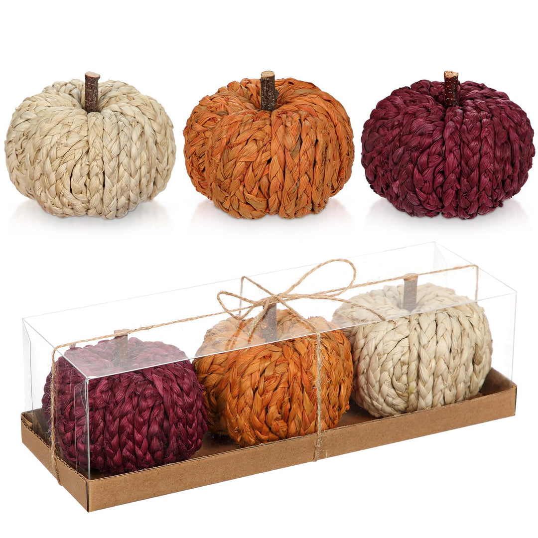 Hollyone 3er-Set Künstlicher Kürbis Herbstdeko Kleine Kürbisse Deko Orange Rot Beige Gewebte Kürbiss
