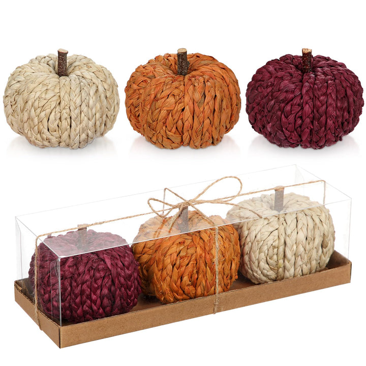 Hollyone 3er-Set Künstlicher Kürbis Herbstdeko Kleine Kürbisse Deko Orange Rot Beige Gewebte Kürbiss