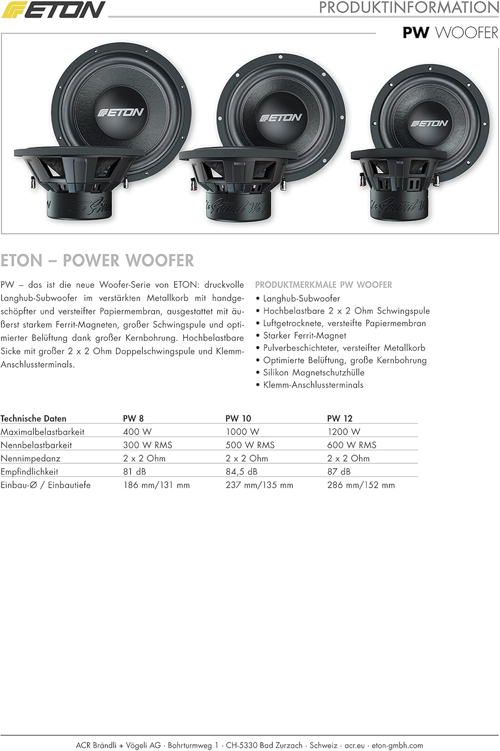 ETON PW 12: Kräftiger 30 cm / 12 Zoll Langhub Woofer, Bass fürs Auto, Bass Lautsprecher mit Ferritma