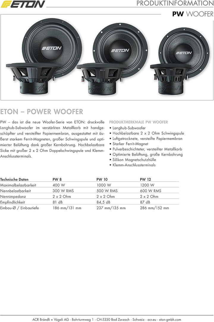 ETON PW 12: Kräftiger 30 cm / 12 Zoll Langhub Woofer, Bass fürs Auto, Bass Lautsprecher mit Ferritma