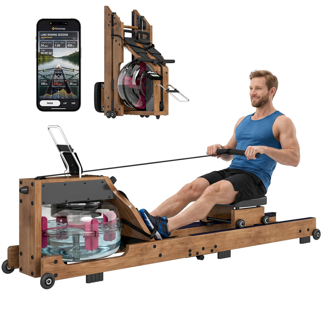 SPORTNOW Wasser Rudergerät für Zuhause aus Gummiholz Klappbar Rudermaschine mit Bluetooth APP Doppel