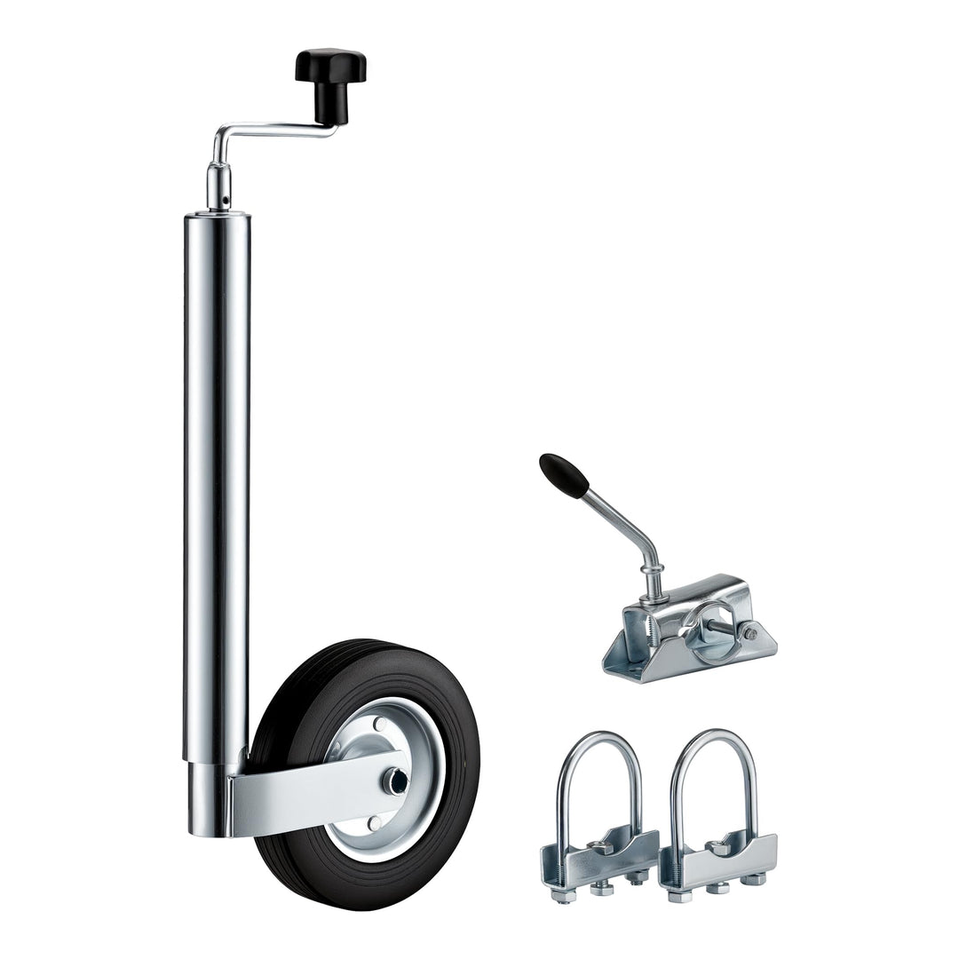 Wiltec Stützrad für Anhänger bis 362 kg ø48 mm, Bugrad inkl. Klemmhalter & Schellen, Abstellstütze m