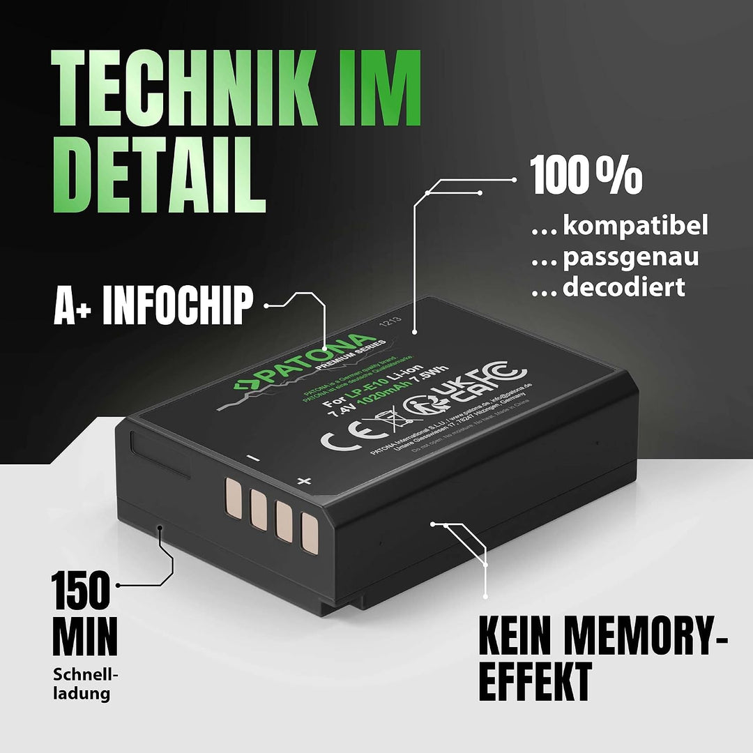PATONA 2X Premium Akku LP-E10 1020mAh Ersatz für Canon LPE10 LP E10 | Kompatibel mit EOS 1100D 1200D
