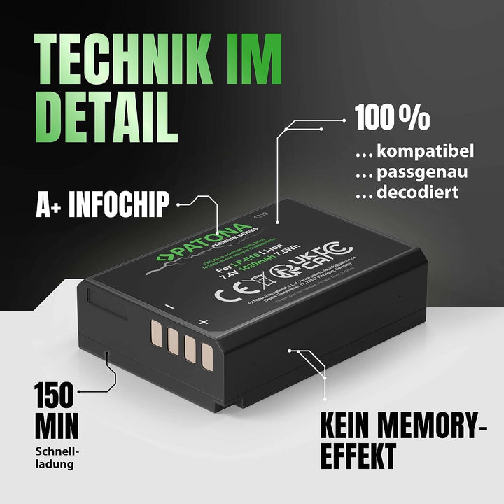 PATONA 2X Premium Akku LP-E10 1020mAh Ersatz für Canon LPE10 LP E10 | Kompatibel mit EOS 1100D 1200D
