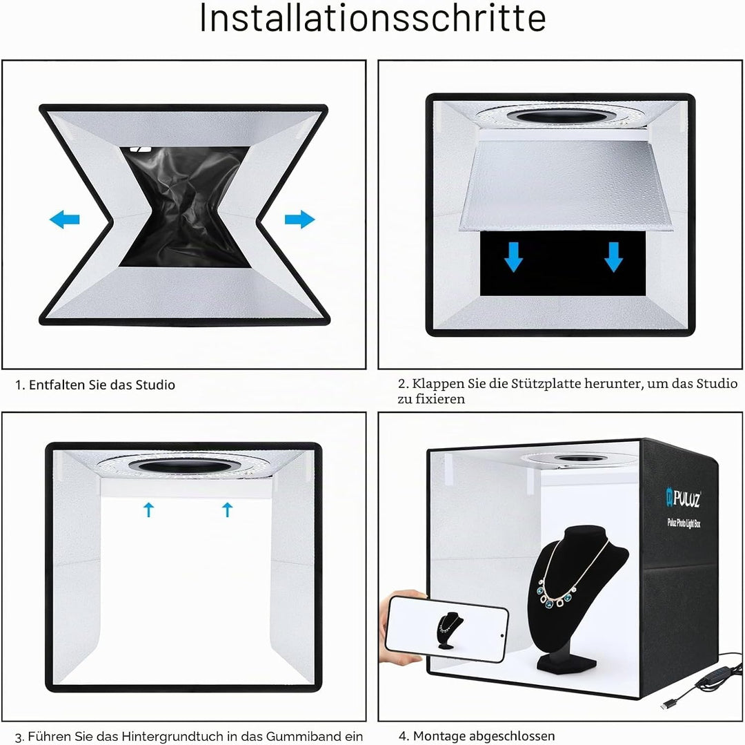 PULUZ Fotobox 50x50 cm Faltbares Fotostudio, 200 LEDs Dimmbarer Lichtkasten mit 12 Hintergründen für