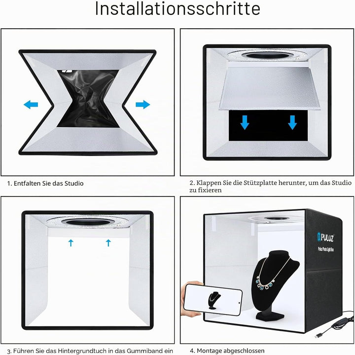 PULUZ Fotobox 50x50 cm Faltbares Fotostudio, 200 LEDs Dimmbarer Lichtkasten mit 12 Hintergründen für