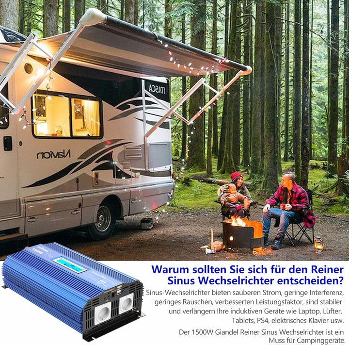 Reiner Sinus Wechselrichter 1500W Spannungswandler 12V auf 230V Power Inverter mit 2 AC-Steckdosen 2