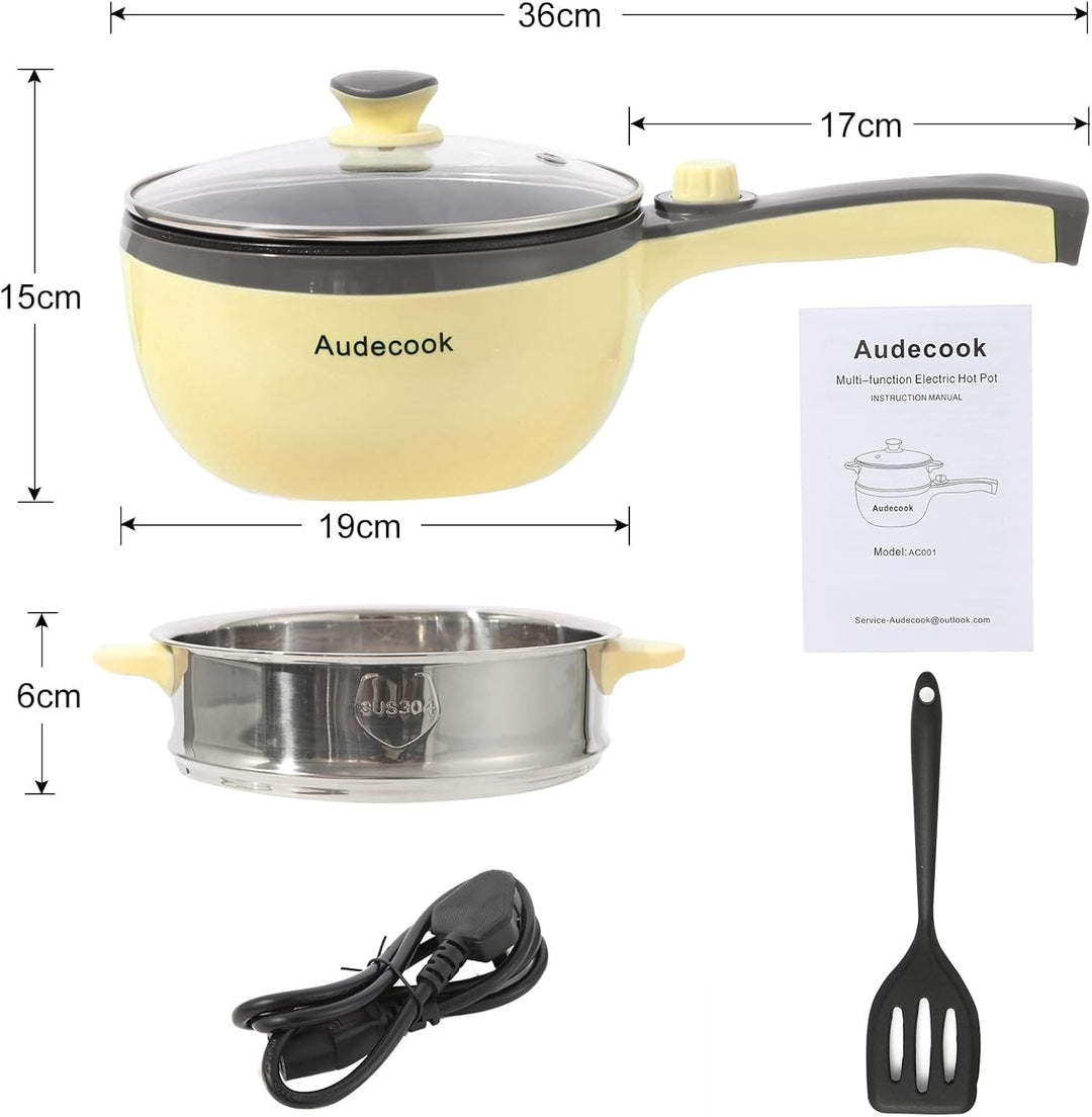 Audecook Elektrische Bratpfanne, Hot Pot Topf 20cm, Antihaft Mini elektropfanne mit Dampfgarer, Mult