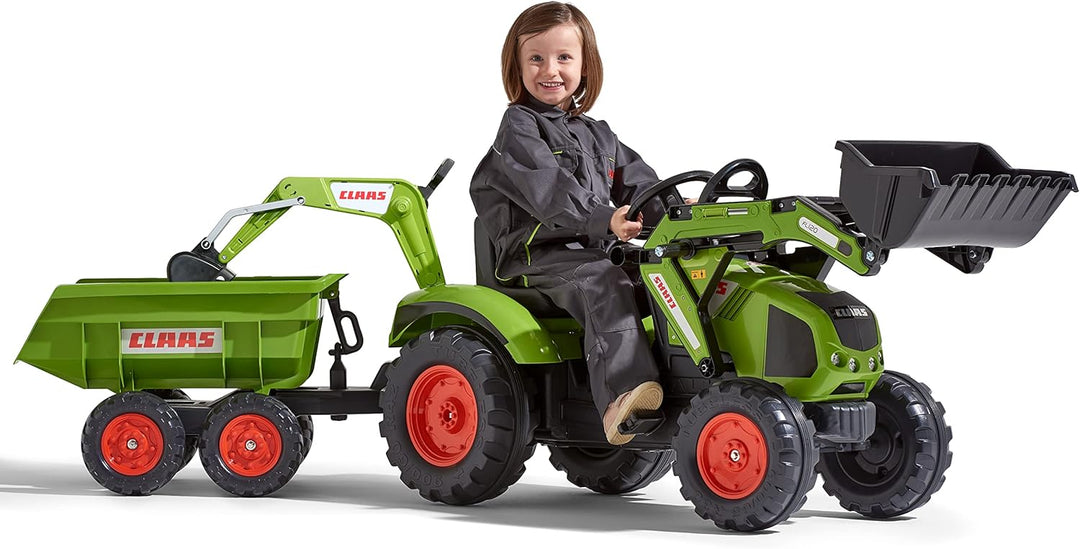 Falk – 1010W – Fahrrad und Fahrzeug für Kinder – Traktor Claas Axos + Schaufel + Bagger + Anhänger M