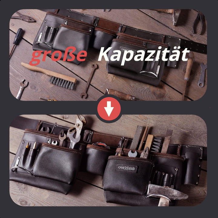 12 Taschen Schreiner Ölüberzogenes Leder Werkzeuggürtel | Handwerker Arbeits Gürtel Schürze für Männ