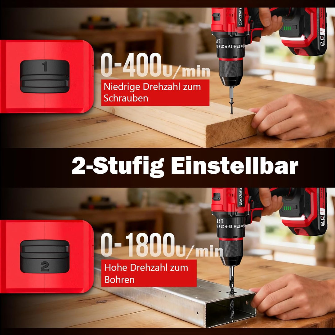 Sundpey 21V Akkuschrauber Set - Max. 70Nm Bürstenlos Akkubohrer und Schrauber mit 2 x 2.0Ah Akku, 23