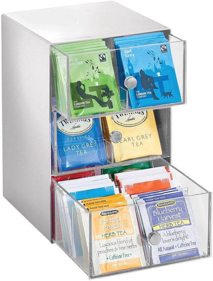 mDesign Küchen Organizer mit 3 Schubladen – Aufbewahrungsbox für Teebeutel, Kaffeepads, Süssungsmitt