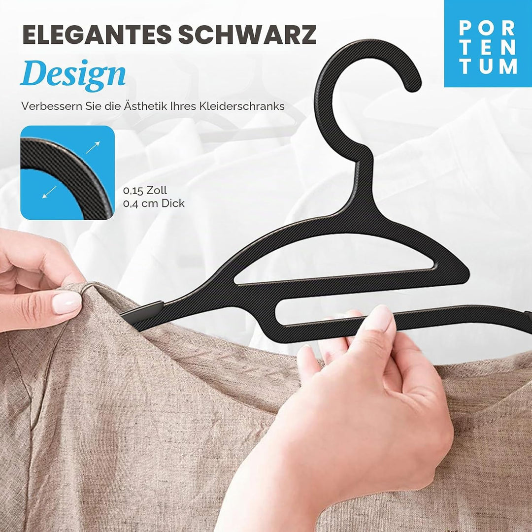 PORTENTUM Kleiderbügel aus Recyceltem Kunststoff, 50 Stück, Schwarz. Für Leichte Kleidung, Nicht zu