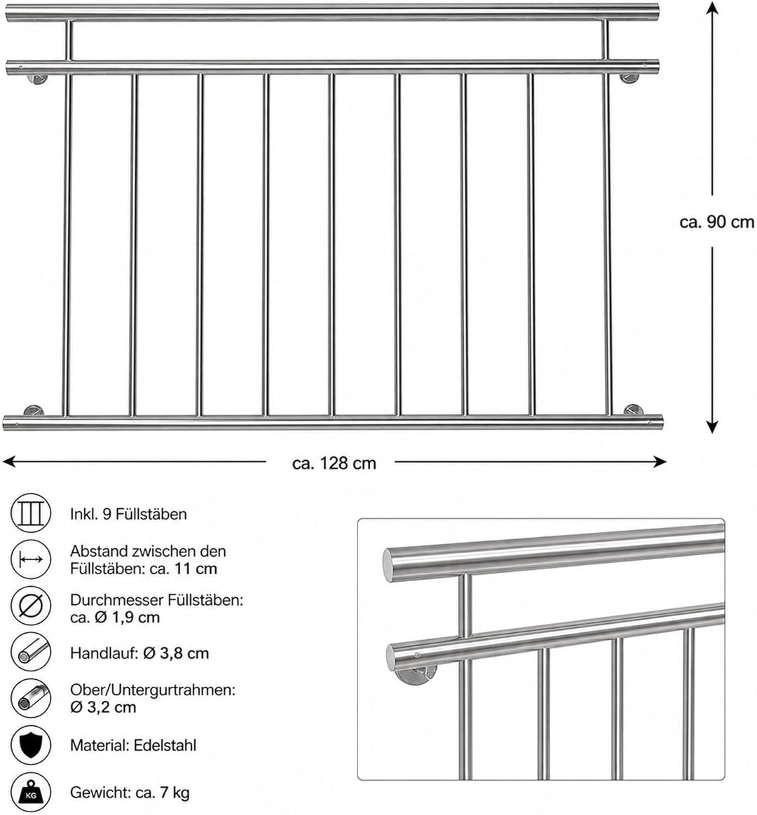 Mucola Französischer Balkon 90x128CM Stabgeländer Edelstahl V2A Fenstergeländer Stabgeländer Terrass