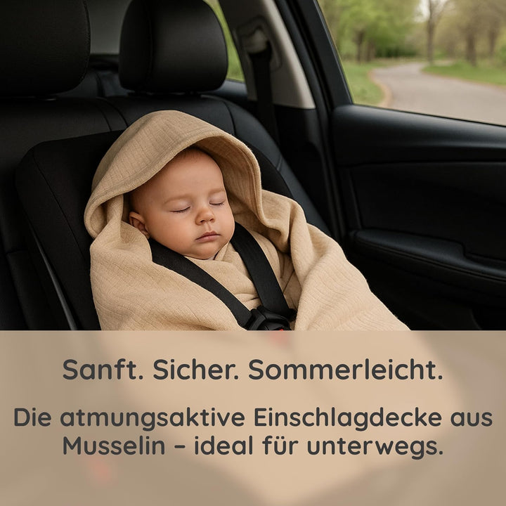 Babylux Musselin Einschlagdecke mit Kapuze – 90x90 cm – Sommer Babydecke für Autositz & Babyschale –