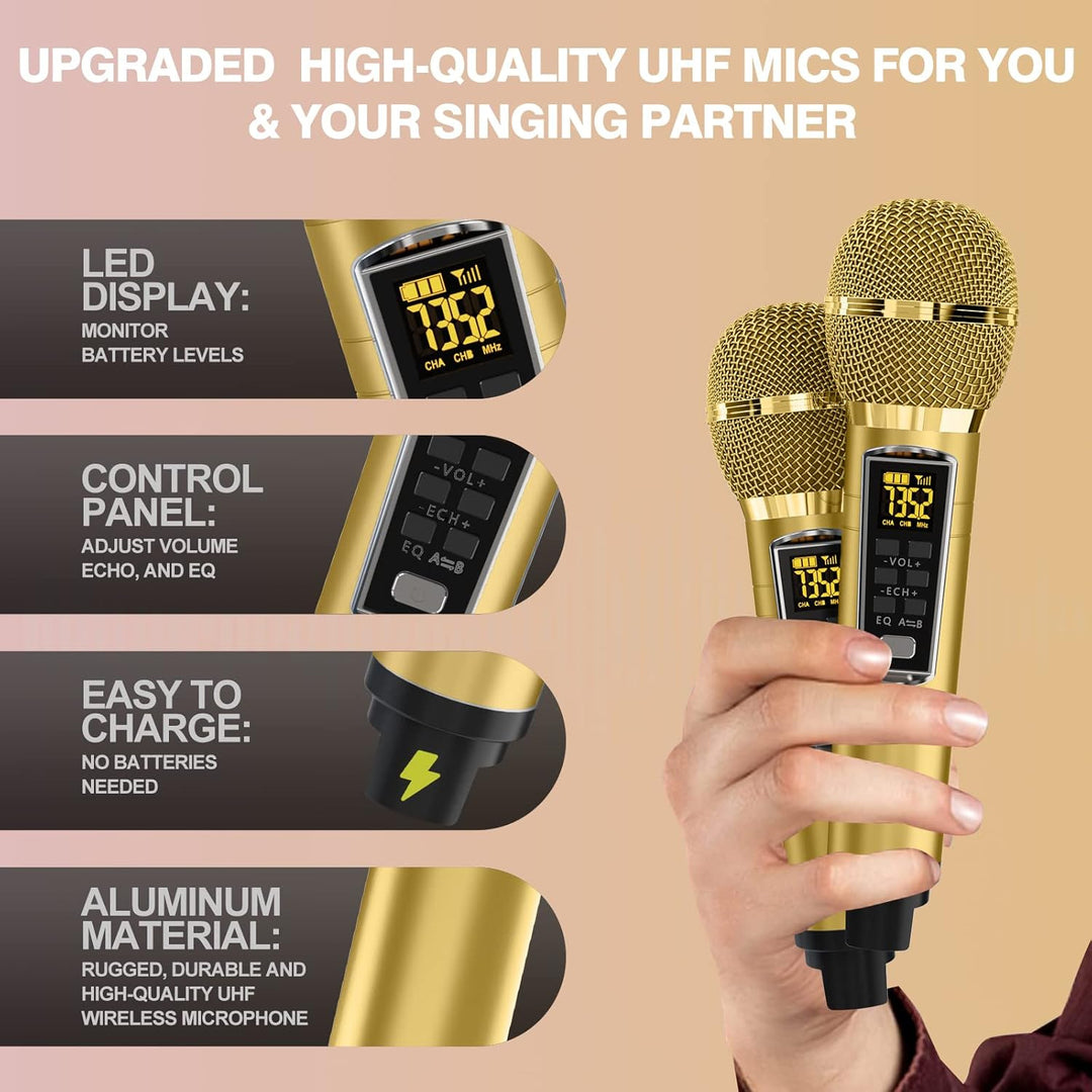 DLARA Upgrade Karaoke Maschine für Erwachsene und Kinder, tragbares Bluetooth 2 UHF drahtloses Karao