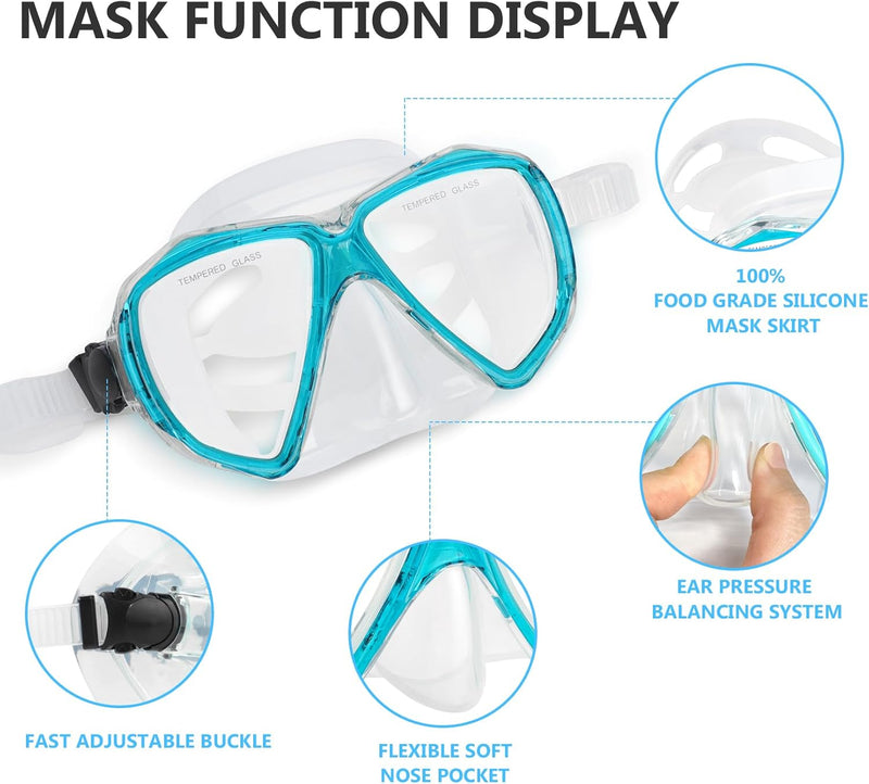 Taucherbrille für Erwachsene mit Anti-Nebel Schnorchelmaske, Schwimmmaske gehärtetem Glas und Nasena