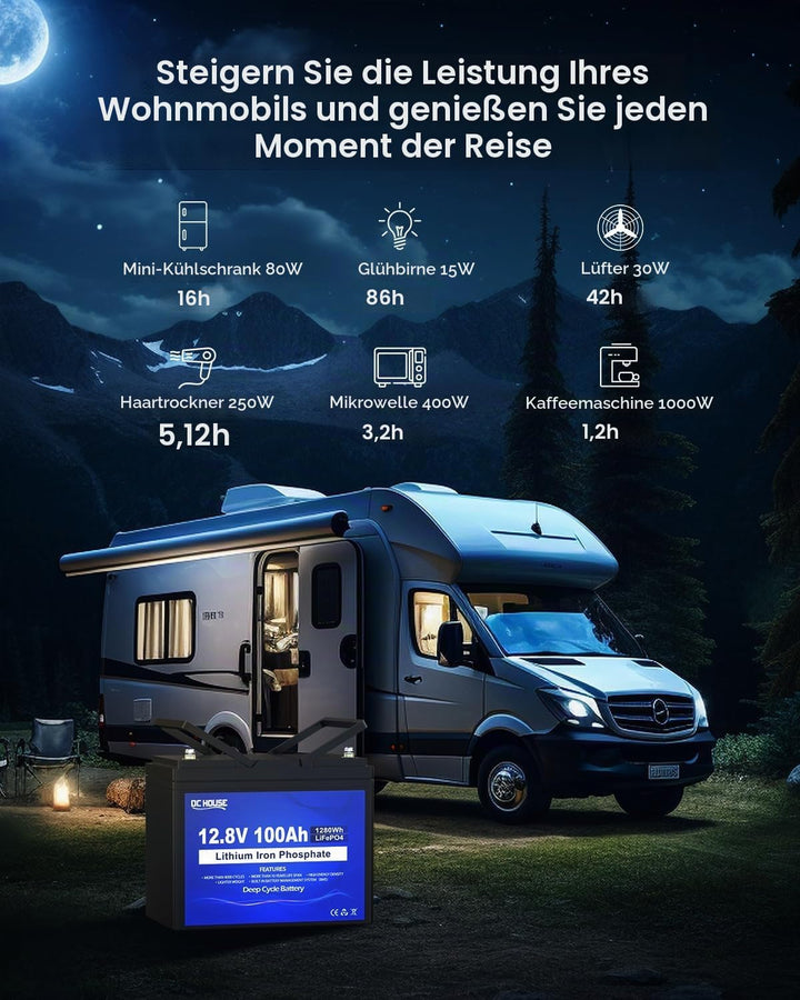 DCHOUSE 2 Pack 12V 100Ah Bluetooth LiFePO4 Batterie, verbessertes 100A BMS, Bis zu 15000 Zyklen Deep