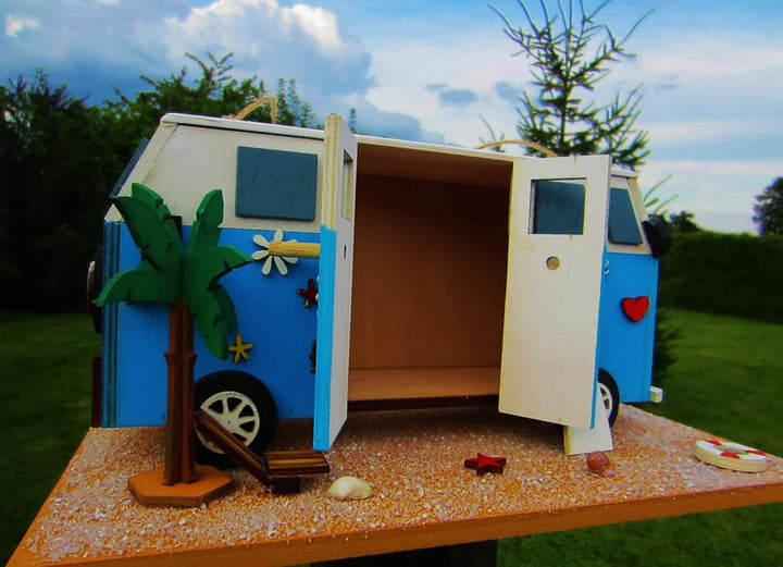 Nistkasten Camper, Hipppi Mobil, Vogelhaus zum Aufhängen, für Singvögel wie Spatzen, Meisen, Handarb