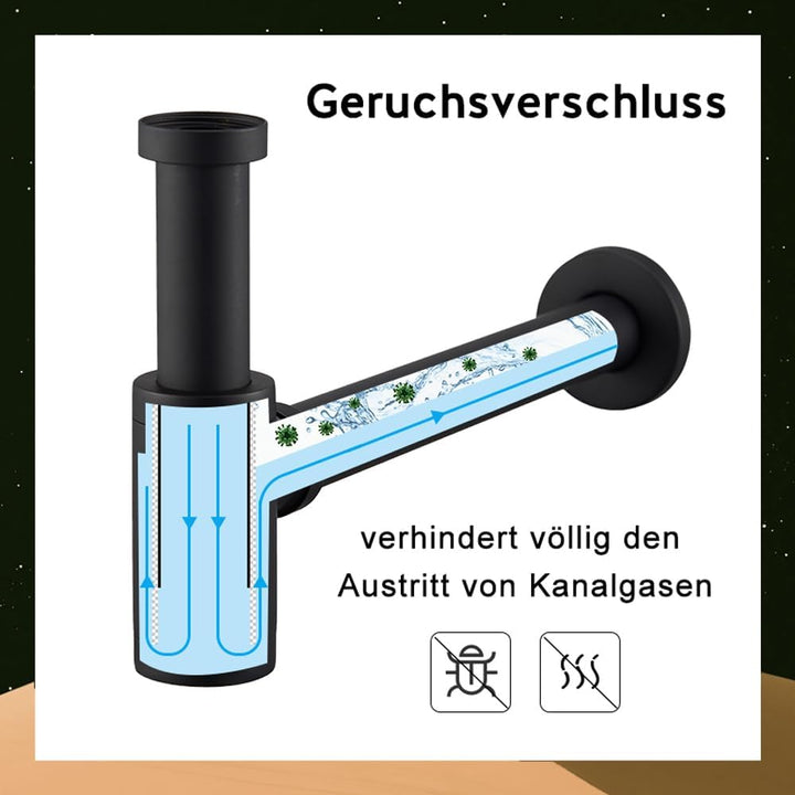Wasserrhythm Universal Siphon mit Ablaufgarnitur für Waschbecken und Waschschalen mit Überlauf, Pop