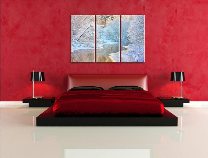 Pixxprint Atemberaubende Winterlandschaft Bunstift Effekt 3-Teiler Leinwandbild 120x80 Bild auf Lein