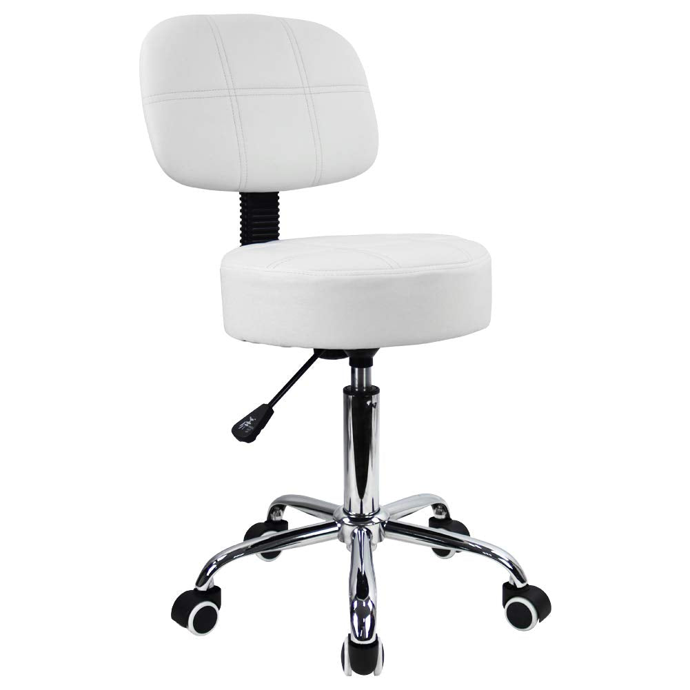 KKTONER Rollhocker Arbeitshocker mit Rückenlehne Höhenverstellbarer 50-64cm PU Leder Weiss, Weiss
